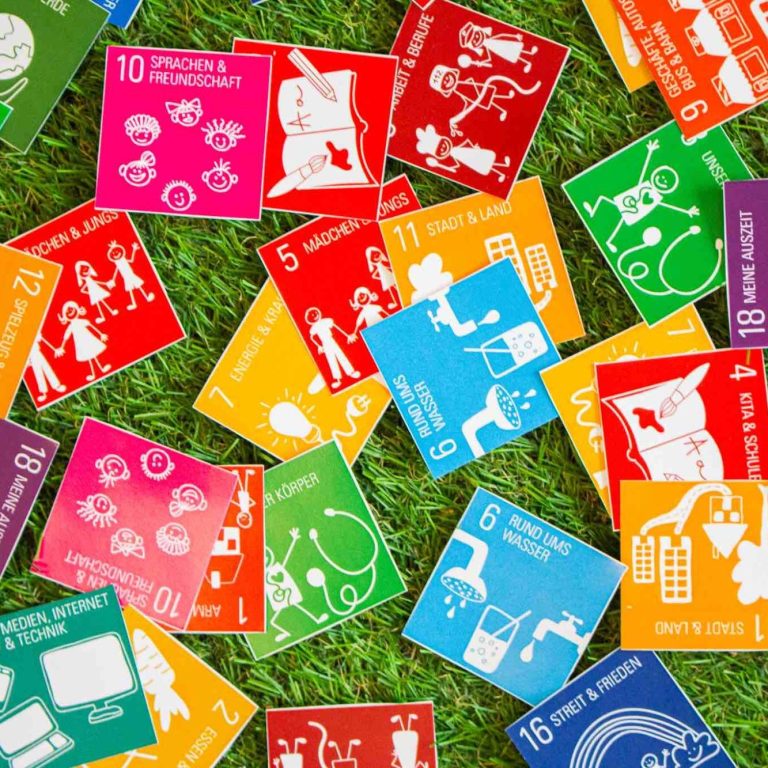 Die 20 BNE-Erlebniswelten als bunte Memory-Spielkarten mit verschiedenen Symbolen und Illustrationen auf grünem Gras.